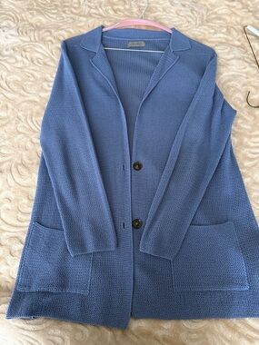 Blue Knit Button-Front Cardigan with Front Pockets
